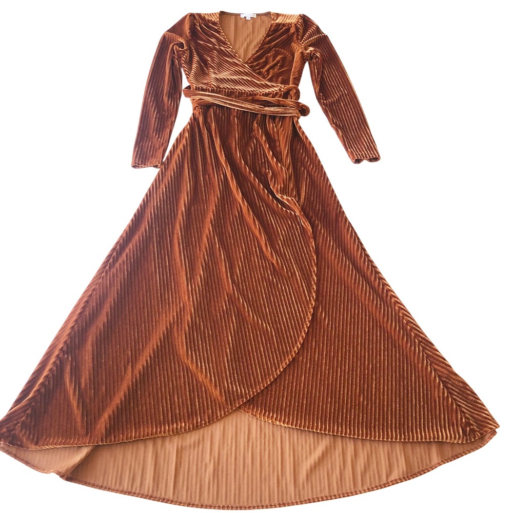 Baltic Born Dress Womens Small Jada Ribbed Velvet Wrap Copper Maxi Long Sleeve - Picture 3 of 9